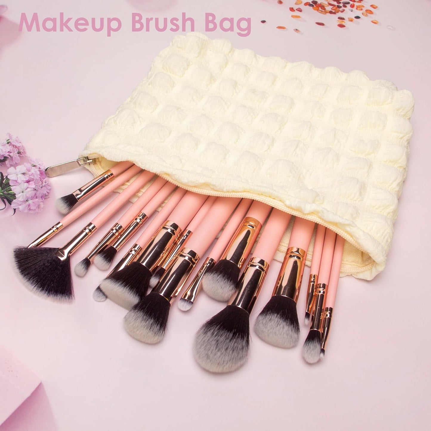 PAZIMIIK Floral Makeup Bag Large Cotton Zipper Pouch for Purse Travel Canvas Make Up Organizer for Women Cosmetic,Bubble Beige