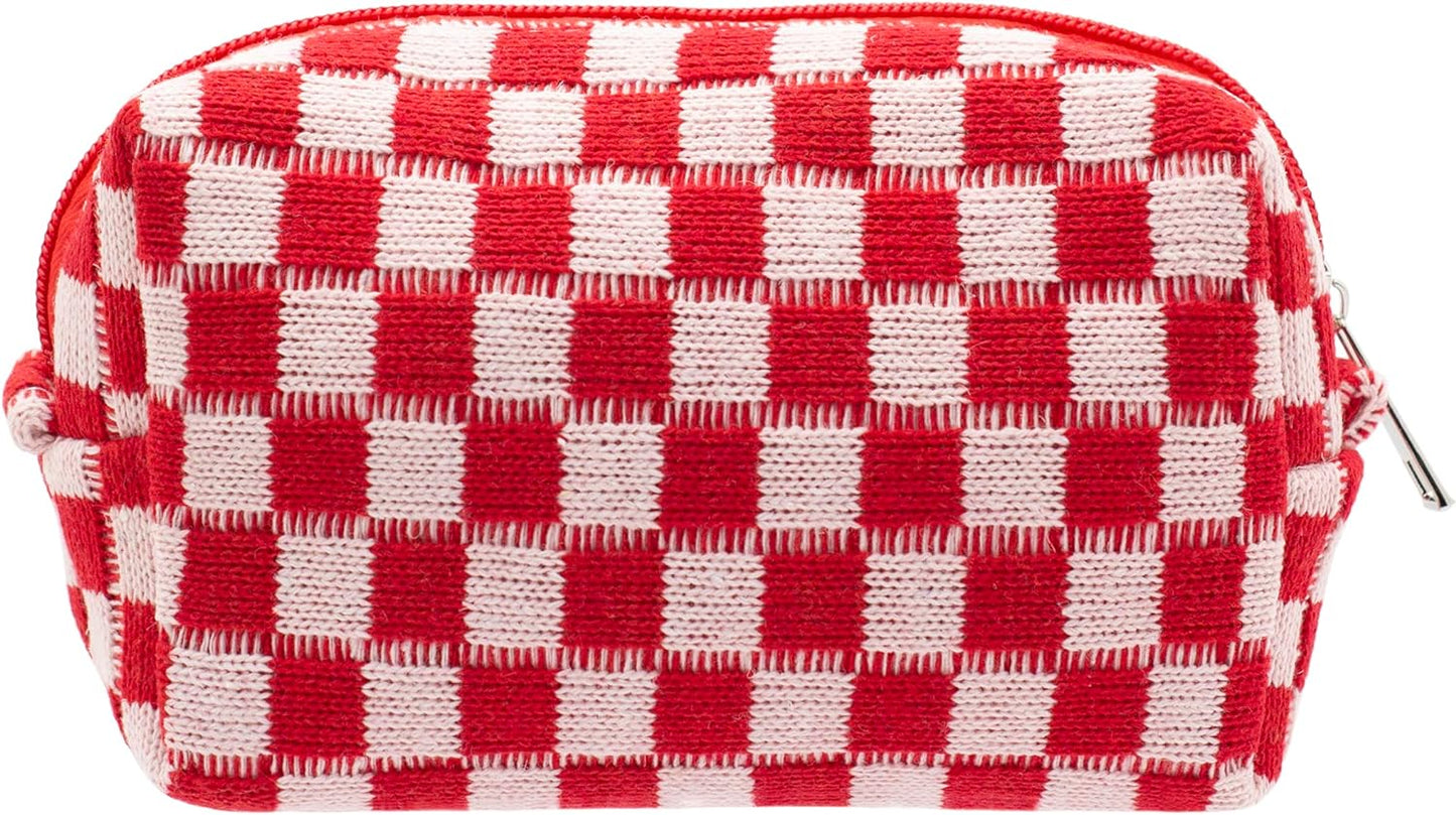 PAZIMIIK Checkered Makeup Bag for Purse Portable Zipper Make Up Pouch Small Cosmetic Case for Travel Accessories (Red)