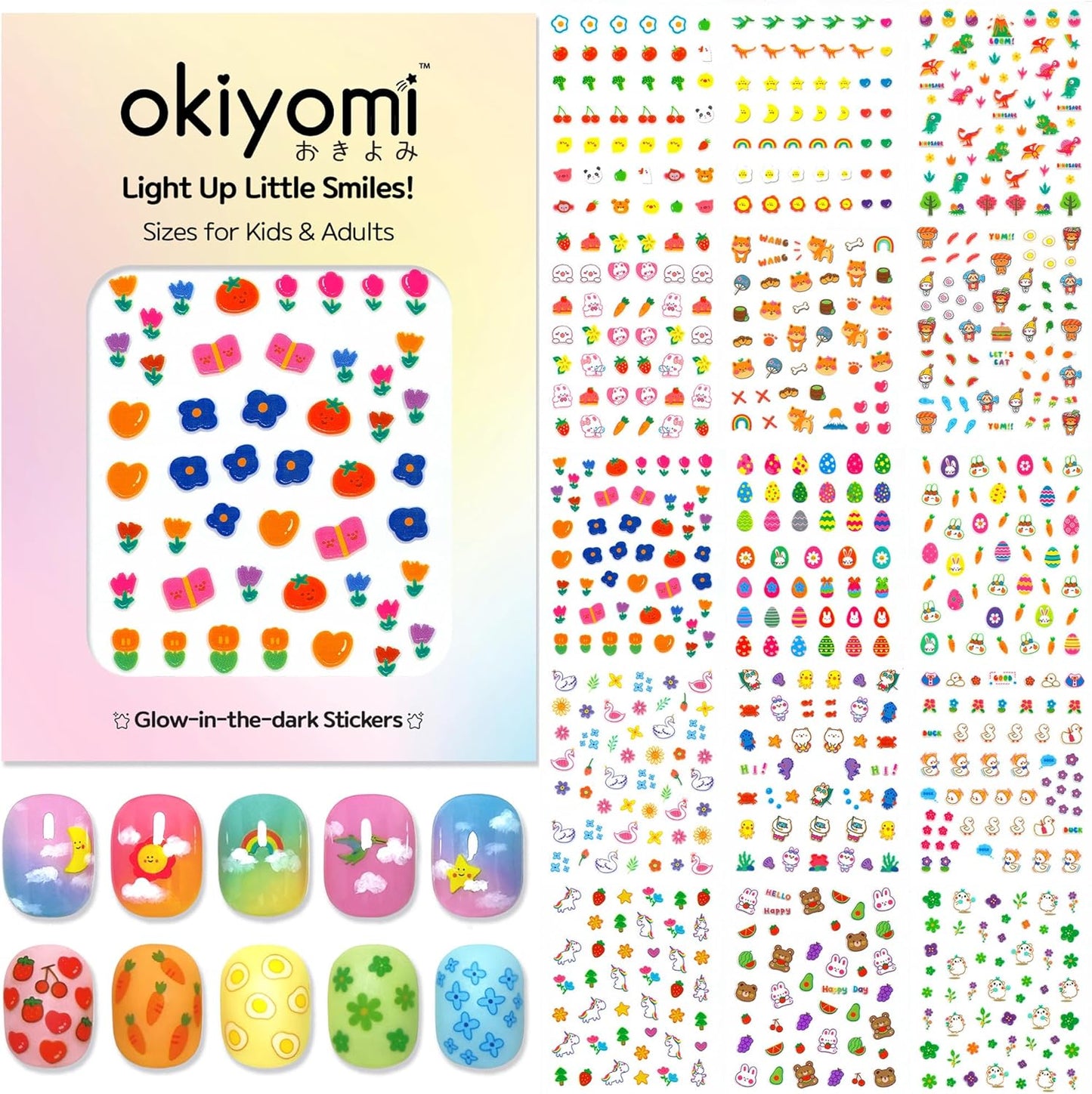 15 Sheets of Nail Stickers for Kids - 735 Cute Nail Stickers - Nail Decals for Girls - Flower, Bunny, Unicorn, Bear, Fruits | Glow in The Dark