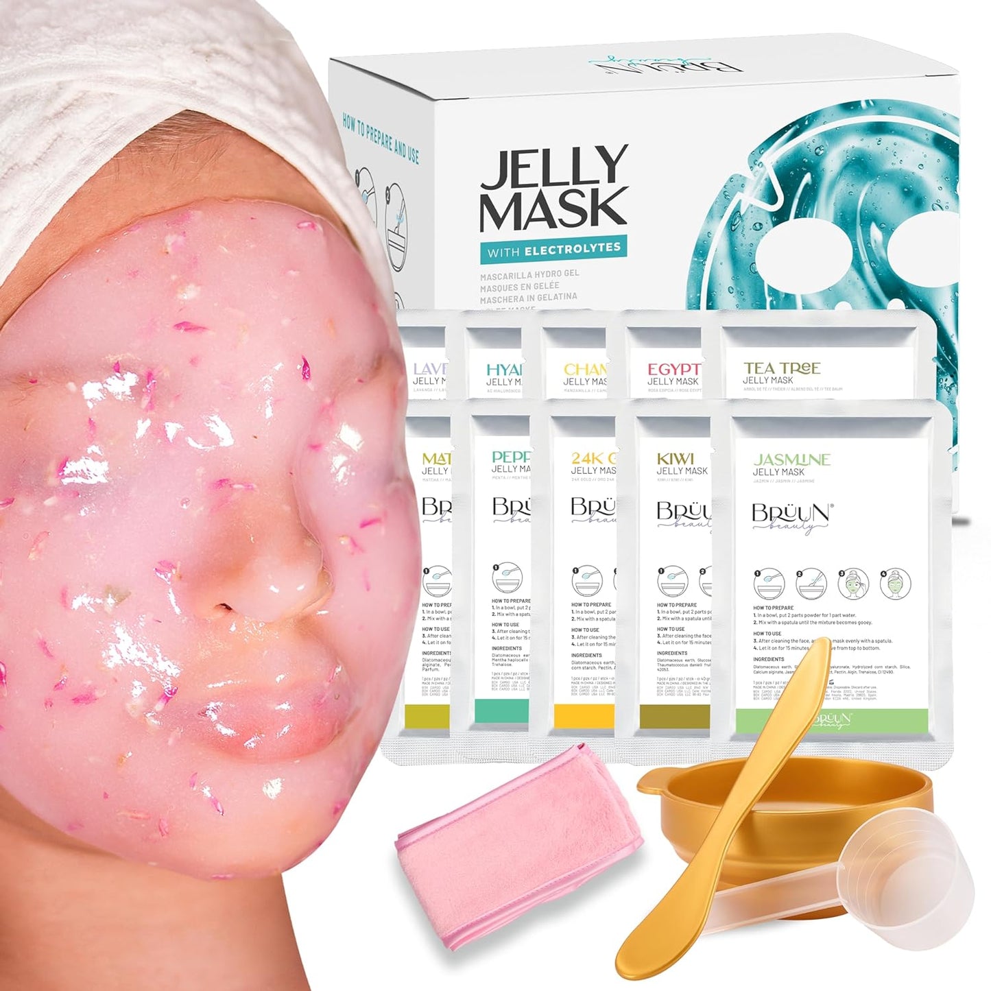 Peel-Off Jelly Mask Premium Modeling "Rubber Mask" Spa Set - 10 Treatments (24k Gold, Lavender, Kiwi, Peppermint, Egyptian Rose, Matcha, Chamomile, Tea tree, Jazmine)
