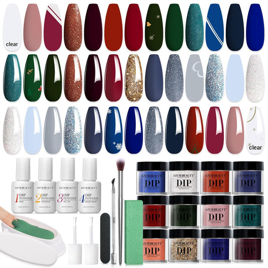 AZUREBEAUTY 31Pcs Dip Powder Nail Kit Red Green Glitter White 20 Colors Acrylic Dipping Powder Liquid Set with Top/Base Coat Activator for French Nails Art DIY Salon Christmas Gift