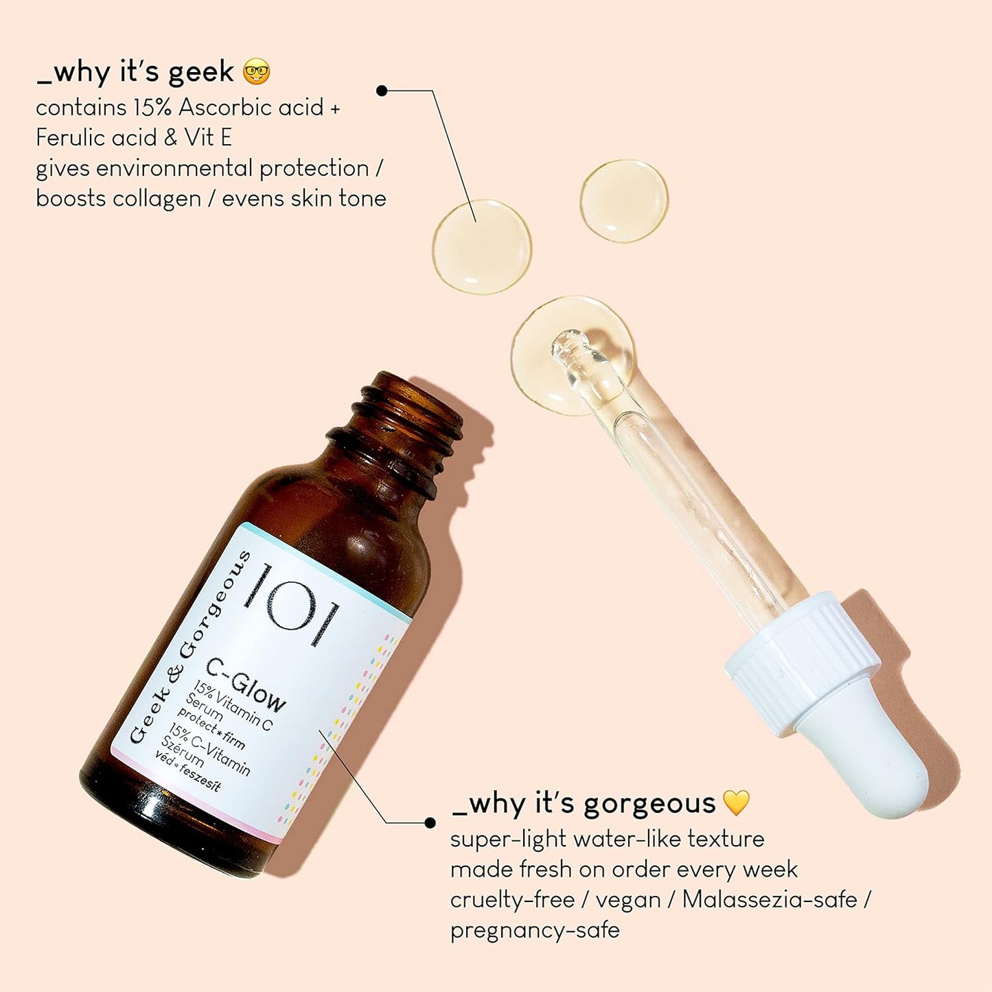 Geek & Gorgeous - C-Glow - 15% Vitamin C + Ferulic acid & Vitamin E Serum, protects against environmental damage, boosts collagen & evens skin tone - all skin types, 1 oz