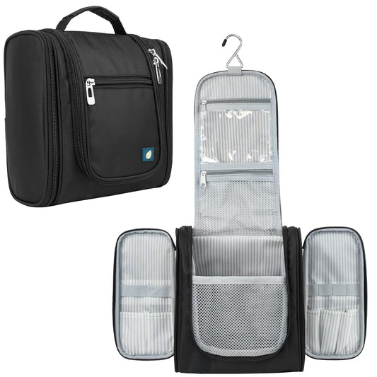 PAVILIA Toiletry Bag Travel Bag for Women Men, Hanging Cosmetic Organizer, Water Resistant Makeup Bag for Accessories Toiletries, Large Travel Essentials Kit (Black)