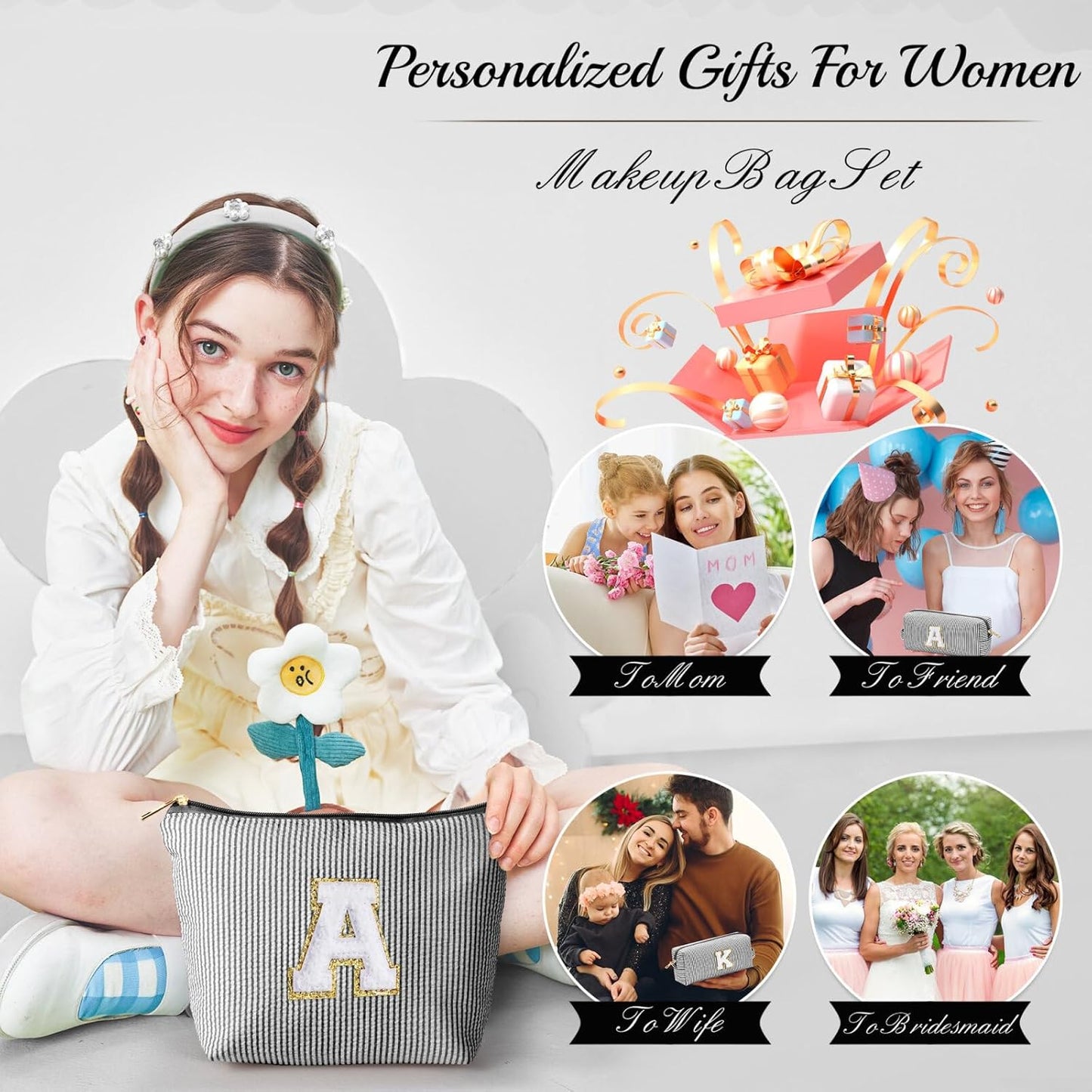 YOOLIFE Teacher Appreciation Gifts for Women - Personalized Birthday Gifts Idea for Women Teacher Best Friend Mom Bridesmaid, Large Initial Makeup Bag, Cosmetic Toiletry Bag Case Make Up Pouch Black T