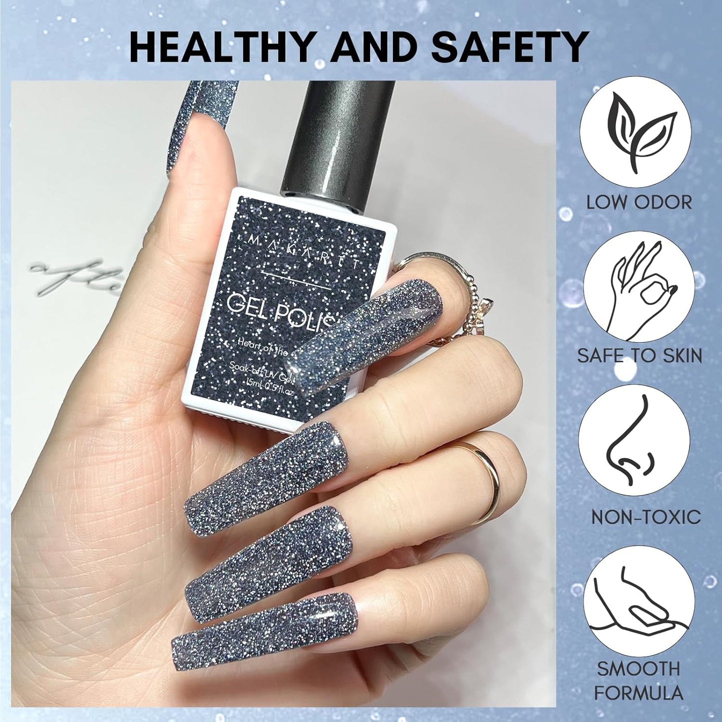 Makartt Glitter Gel Nail Polish - Flash Blue Diamond Reflective Gel, UV LED Soak Off for Nail Art Designs, 15ml DIY Home Salon Manicure, Heart of the Ocean