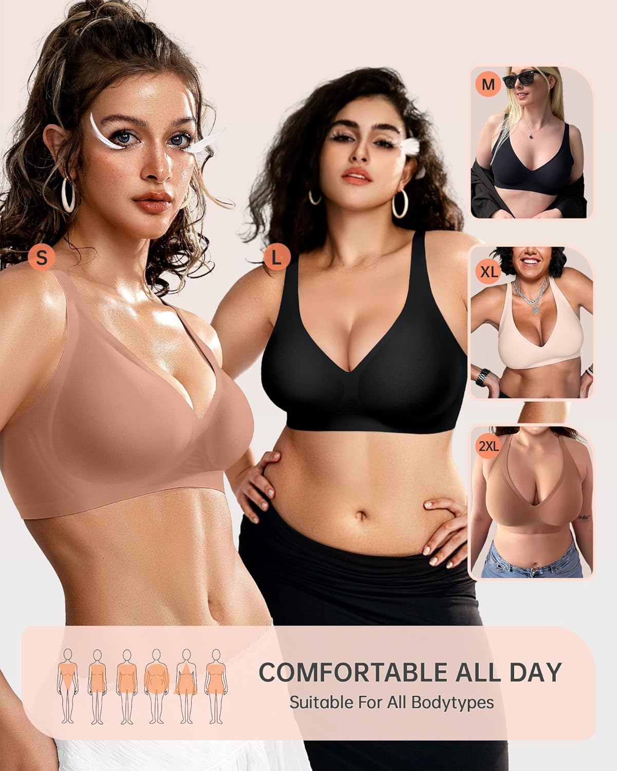 OEAK Womens Deep V Bras Wireless Comfortable Bra Supportive No Underwire Bras Tshirt Push Up Bralettes Plunge Seamless Bra
