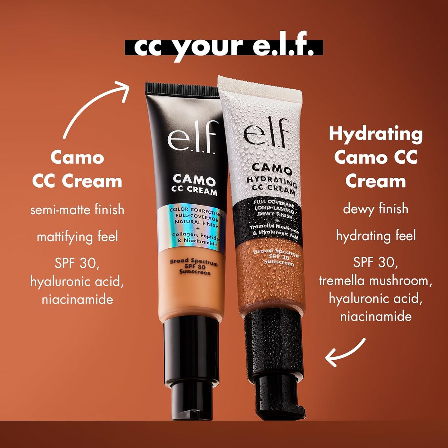 e.l.f. Hydrating Camo CC Cream, SPF 30, Color Correcting Full Coverage Foundation For A Dewy Finish, Vegan & Cruelty-Free, Light 205 N