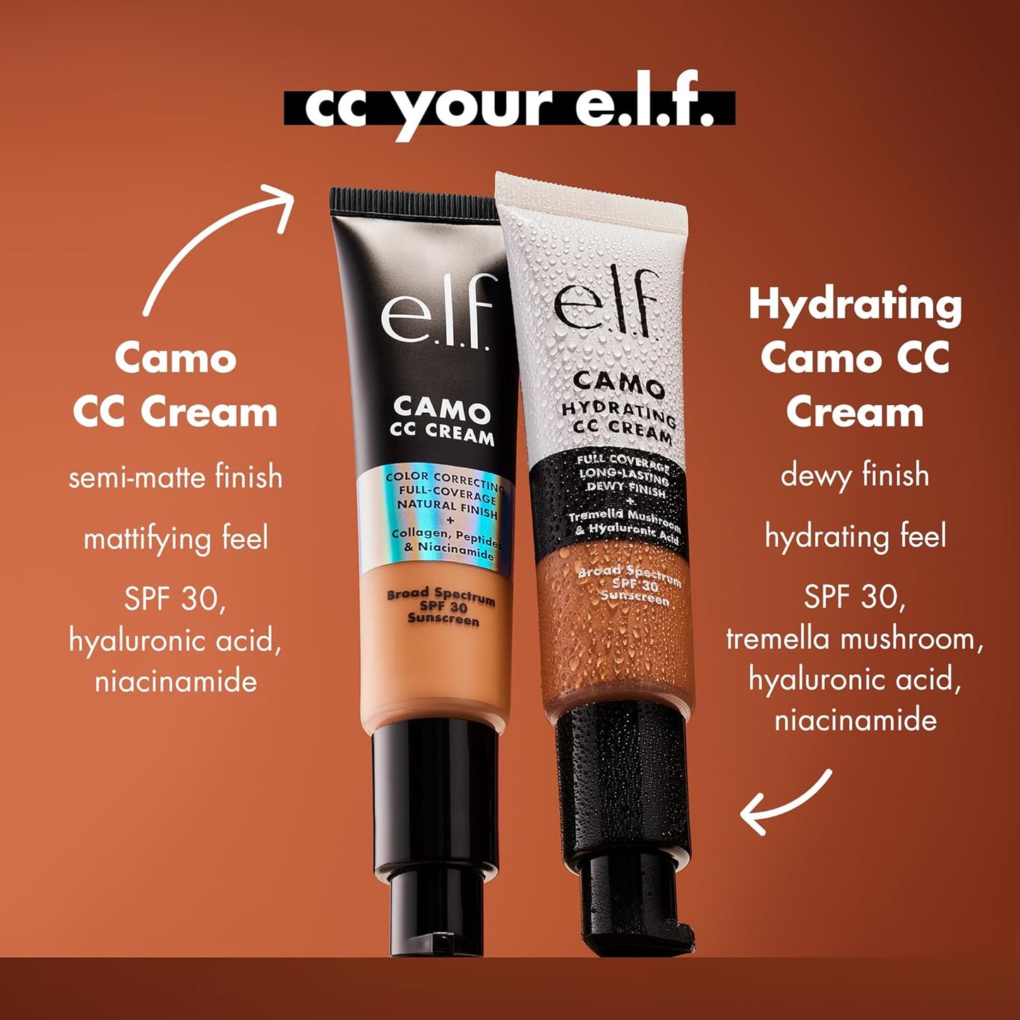 e.l.f. Hydrating Camo CC Cream, SPF 30, Color Correcting Full Coverage Foundation For A Dewy Finish, Vegan & Cruelty-Free, Rich 660 N
