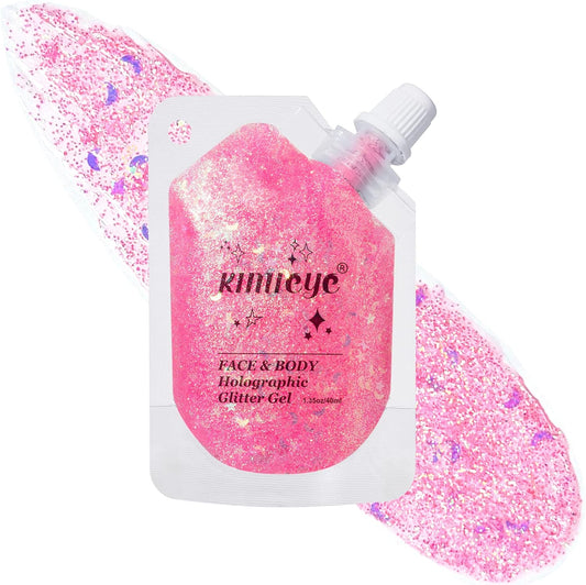 Holographic Face Glitter Gel Body Shimmer Makeup for for Hair, Face, Clavicle, Arm, Nail, Eyeshadow, Long Lasting Waterproof Mermaid Sequins Party Glitter for Rave Festival, 1.35oz (Dazzling Pink #2)