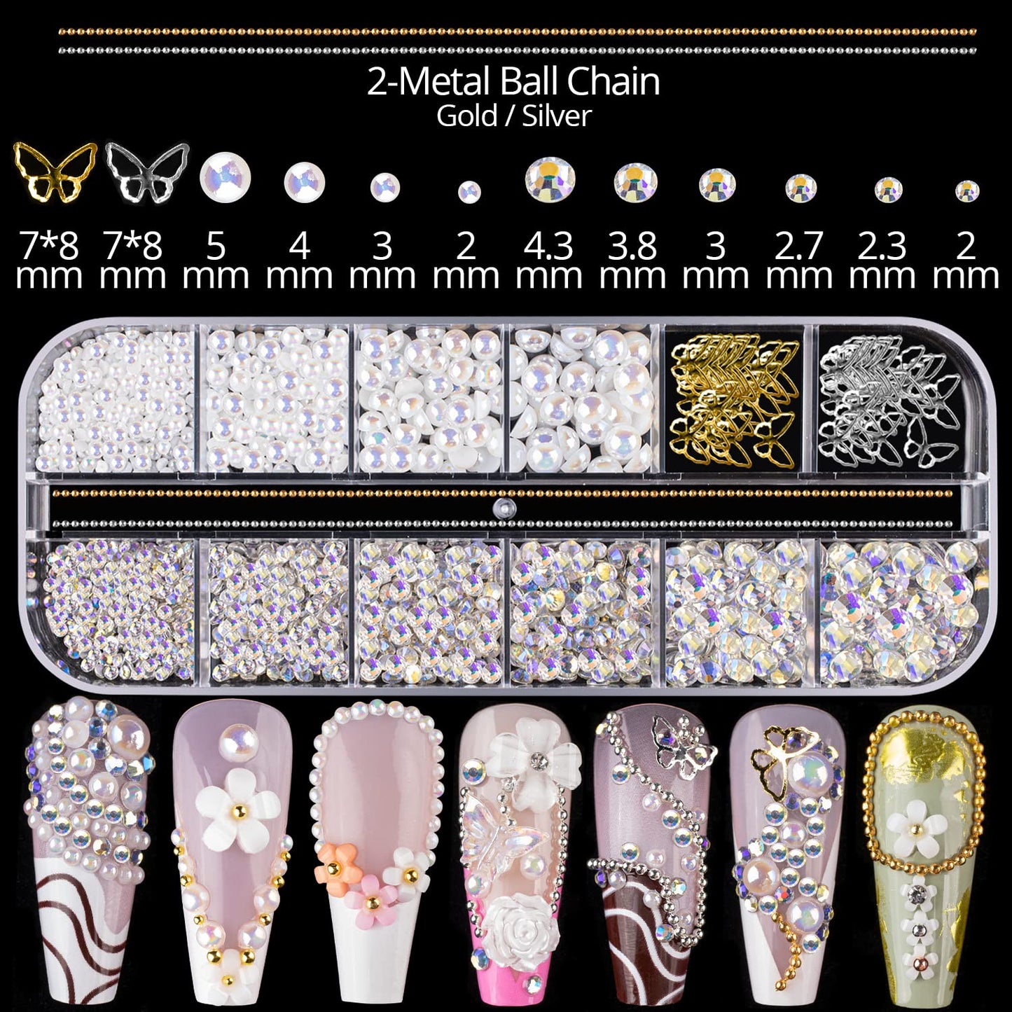 Mixed 3D Nail Art Gem Decoration Accessories Kit #3, Butterfly Starry AB Rhinestone Charm Jewelry for Deco, Pearl Flower Caviar Bead Stone Crystal with Dual-End Brush and Tweezer