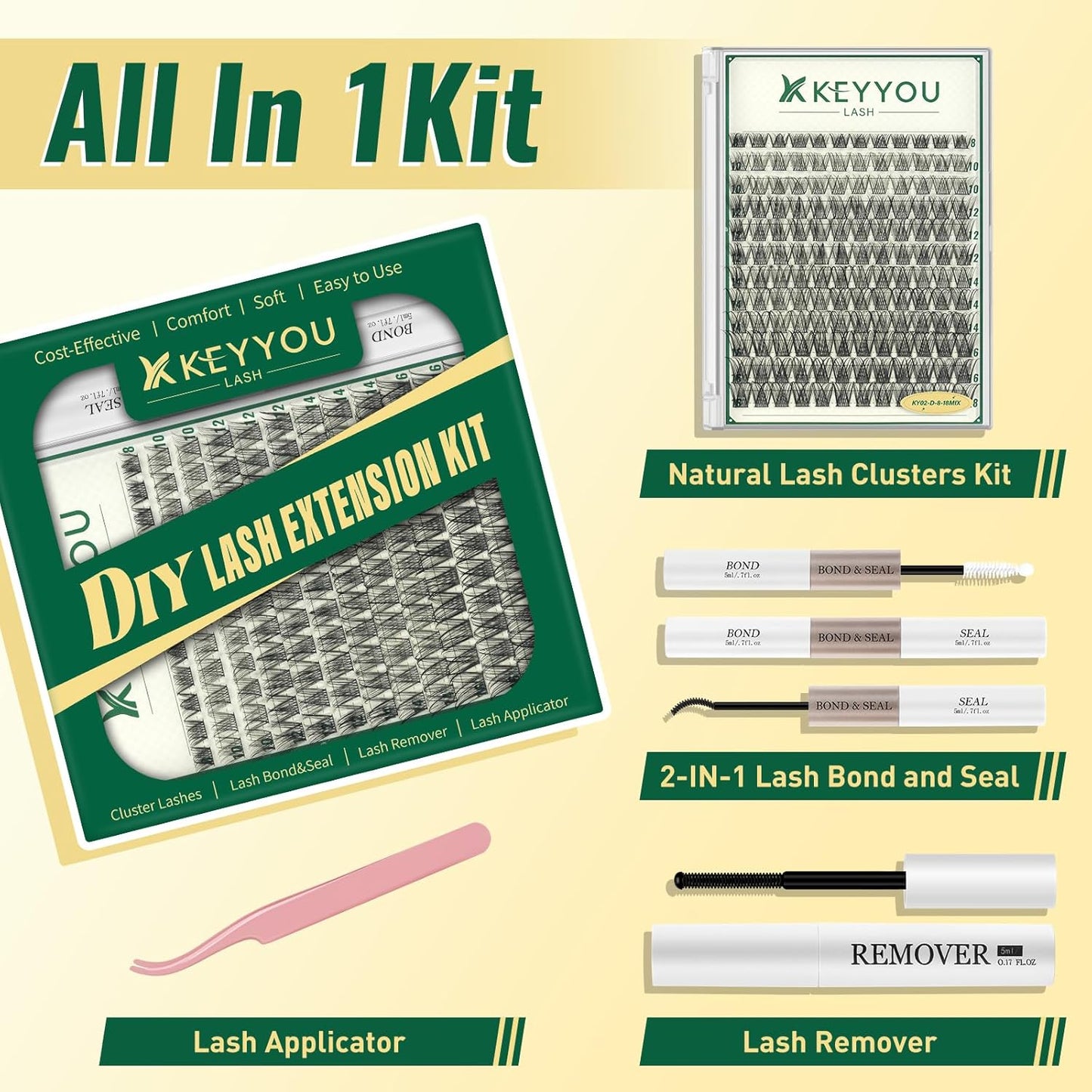 KEYYOULASH DIY Lash Extension Kit 144pcs 8-18MIX Lash Clusters Eyelash Extension Kit with Lash Bond and Seal,Remover,Applicators for DIY Lash Extensions at Home (KY02 Kit)
