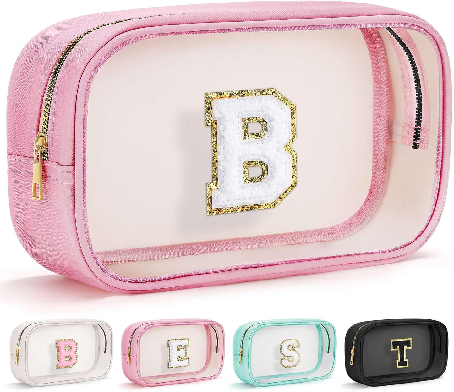 YOOLIFE Birthday Gifts | Initial Travel Makeup Bag Pouch, Clear Toiletry Bag for Women Travel Accessories Cosmetic Bag Skin Care for Teen Make Up Bags Birthday Gifts for Teacher Mom Pink B