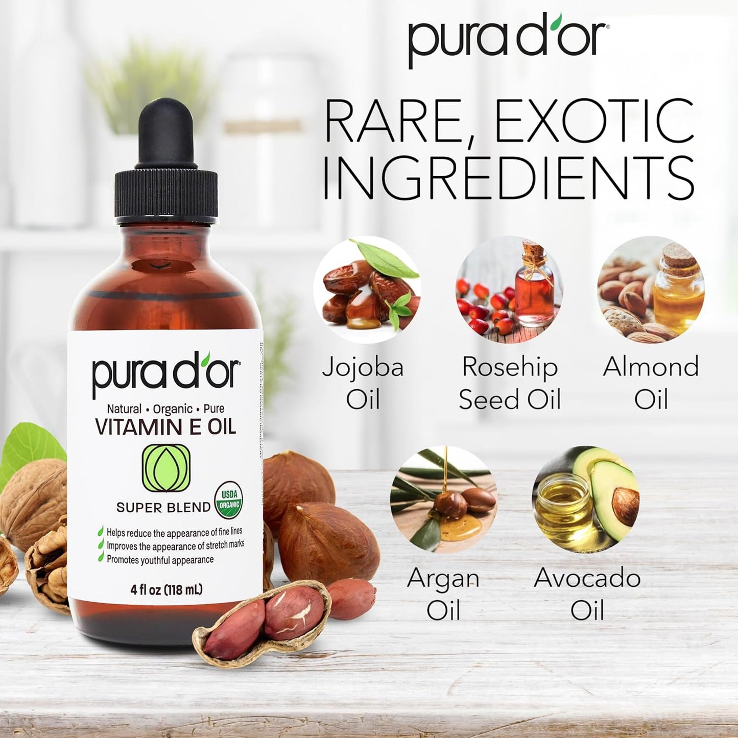 PURA D'OR 4 Oz ORGANIC Vitamin E Oil Blend - 100% Natural Hexane Free, Sweet Almond, Apricot, Jojoba, Argan, Rosehip, Sunflower & Avocado Bath Oil For Scars, Skin, Face & Full Body