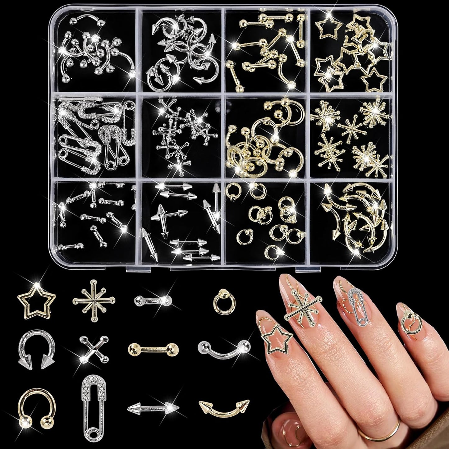 120 Silver Star Nail Charms - Gold Rivets Cross Nail Charms - 3D Crystal Nail Art, Y2k Retro Nail Rrt Cross Charm for DIY Designs Supplies B