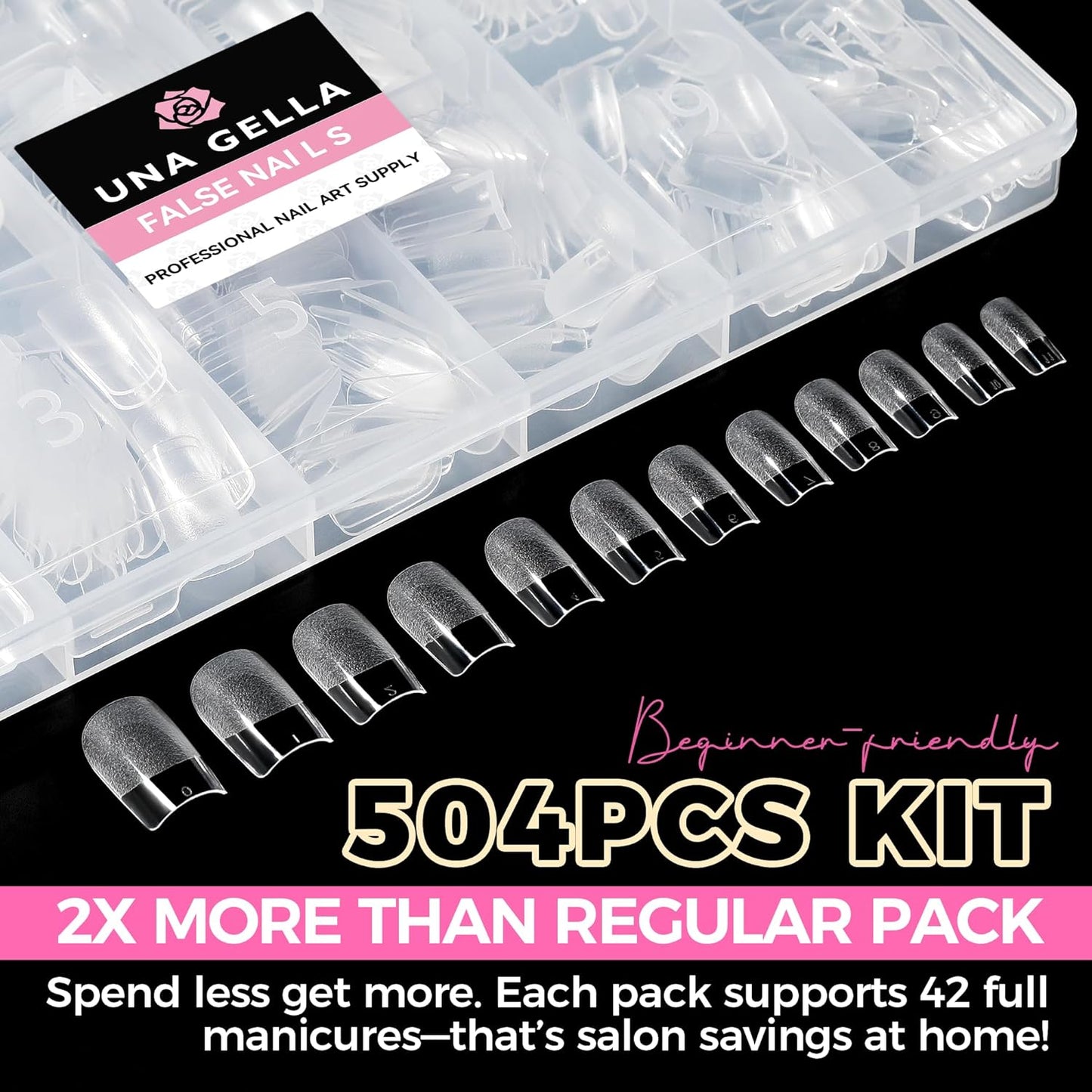 UNA GELLA Nail Tips Square: 504PCS Short Square Nail Tips Pre Etched Gel Fake Nails Tips, No C Curve For Women DIY Nail Extension French Style Salon Home Full Cover Soft Acrylic False Tips 12 Sizes