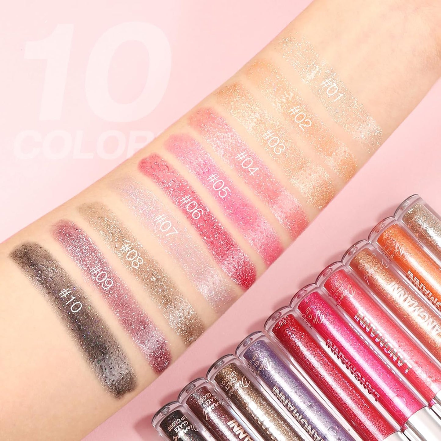 LANGMANNI 4 Colors Diamond Glitter Lip Gloss Set,Long Lasting High Shine Shimmer Liquid Lipstick Set,Hydrating,Moisturizing Lip Gloss Kit Gift Makeup For Girls(#04+06+09+10)