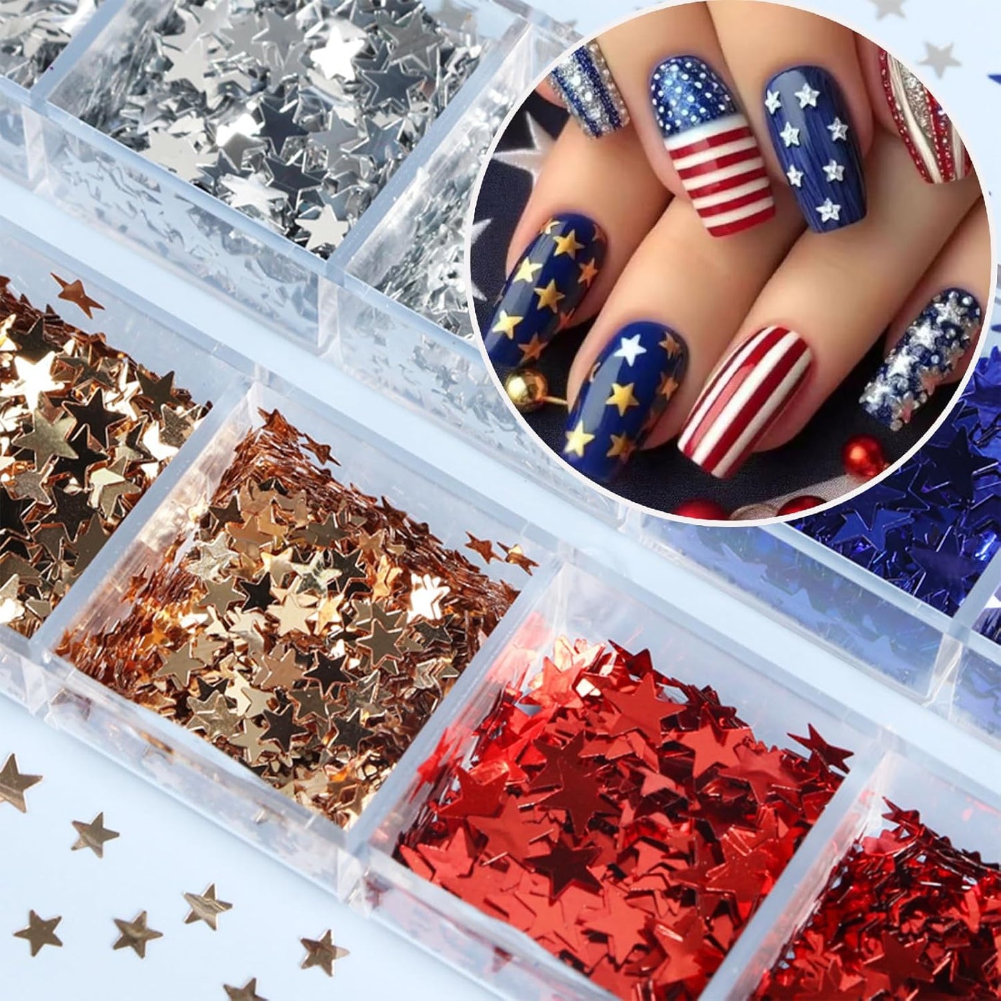 12 Grids Independence Day Nail Sequins，3D Holographic Nails Glitter Laser Star Nail Shining Flakes for Fourth of July Five-Pointed Star Mixed Sequins for America Patriotic Face Makeup Nail Decoration