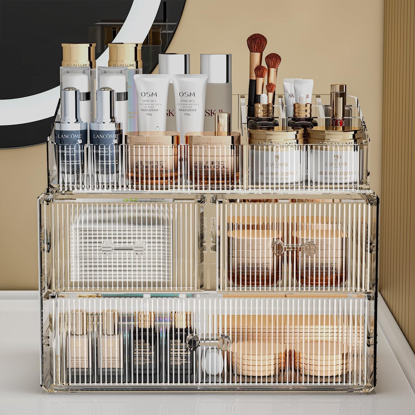 ZHIAI Stackable Cosmetic Organizer, Acrylic Cosmetic Organizer for Dresser, Vanity, Kitchen Cabinet, Bathroom, Under Sink, Home Organization and Storage (1 Top 3 Drawers)