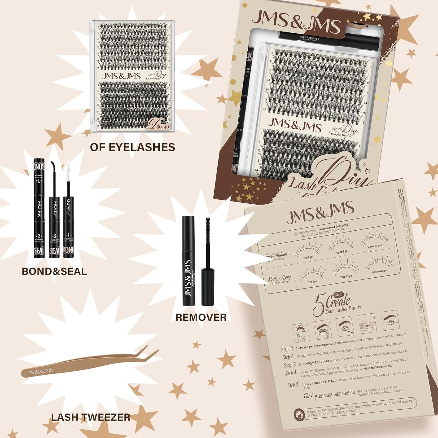 JMS&JMS DIY Lash Extension Kit 280PCS Lash Clusters Kit 30D+40D D Curl 9-16MIX Cluster Eyelash Extensions Kit with Lash Bond and Seal, Lash Remover, Lash Tweezers at Home