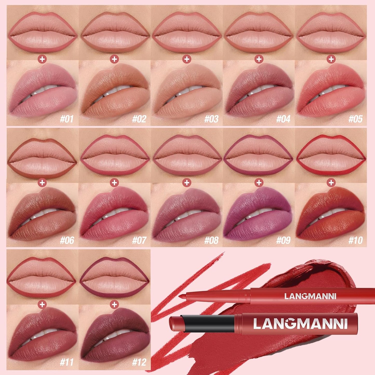 Jolilab 4Pcs Lip Set: 2 Colors Lip Liner+2 Colors Lipstick, Matte/Creamy,Smooth Creamy Texture,Long-Lasting,Bold/Nude Shades for Daily/Party, Vegan, Gift for Makeup Lovers.(#11+12)