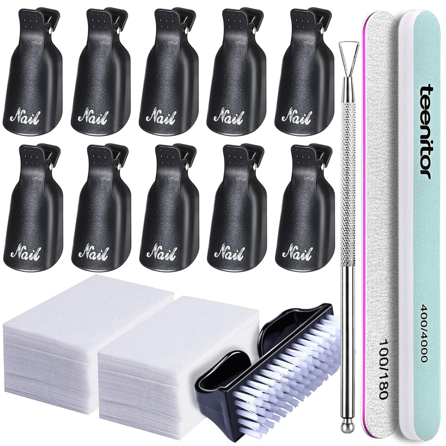 Teenitor Nail Gel Remover Tools Kit with Nail Remover Clips, Nail Remover Pads, Nail Brushes, Nail File Buffer, Cuticle Peeler Black