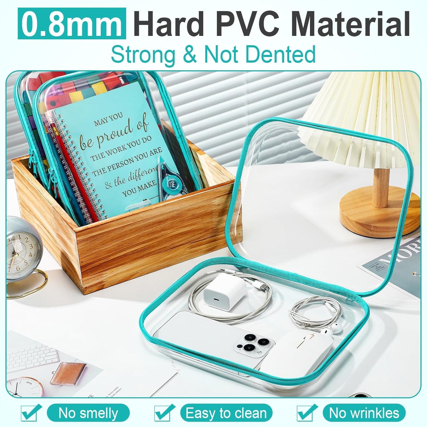 Sanwuta 6 Pcs Clear Hard Zipper Case Pencil Pouches Hard Plastic Zipper Pouches Makeup Bag Transparent Cases for Snacks Plastic Storage Organizer Box for Travel(Teal,9.84 x 7.87 x 2 Inch)