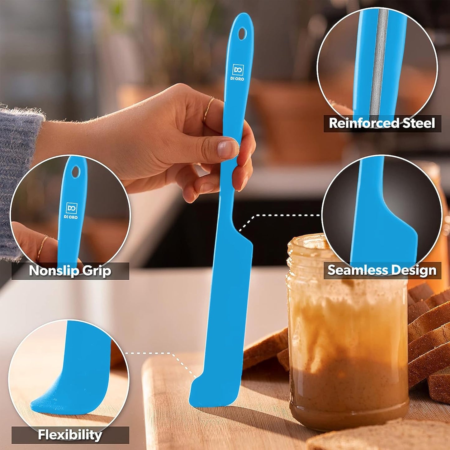 DI ORO Silicone Jar Spatulas for Scraping - Rubber Spatulas Silicone Heat Resistant - Kitchen Spatulas Nonstick Cookware Safe - Silicone Utensil Set for Blenders, Mixing, Baking, & Makeup (5pc, Blue)