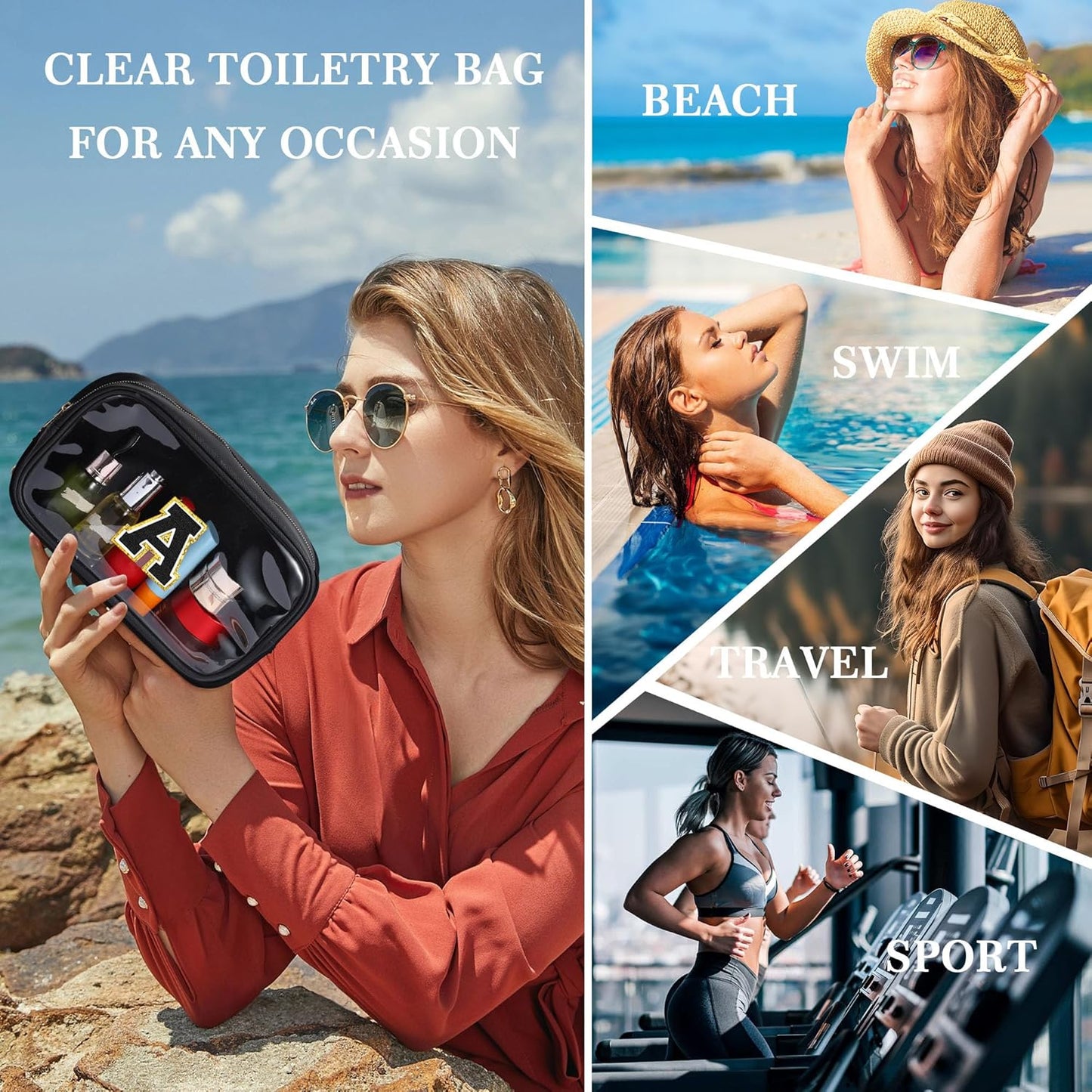 YOOLIFE Travel Clear Makeup Bag Toiletry Bag, Make up Bag Waterproof Toiletry Bags for Women Cosmetic Bag Birthday Gifts for Women Personalized Mother Girlfriend Wife Bridesmaid Gifts Black Letter O