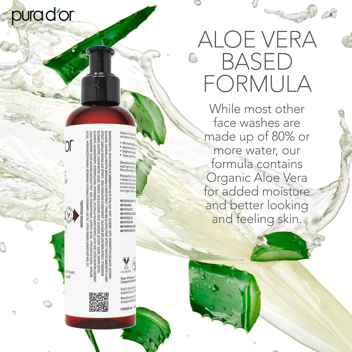 PURA D'OR Vitamin C Face Wash (8oz x3 = 24oz) Antioxidant Rich Facial Cleanser For Radiant Glow & Even Skin Tone - Gentle, Refreshing, Nurturing, Hydrating, Sulfate & Paraben Free Formula