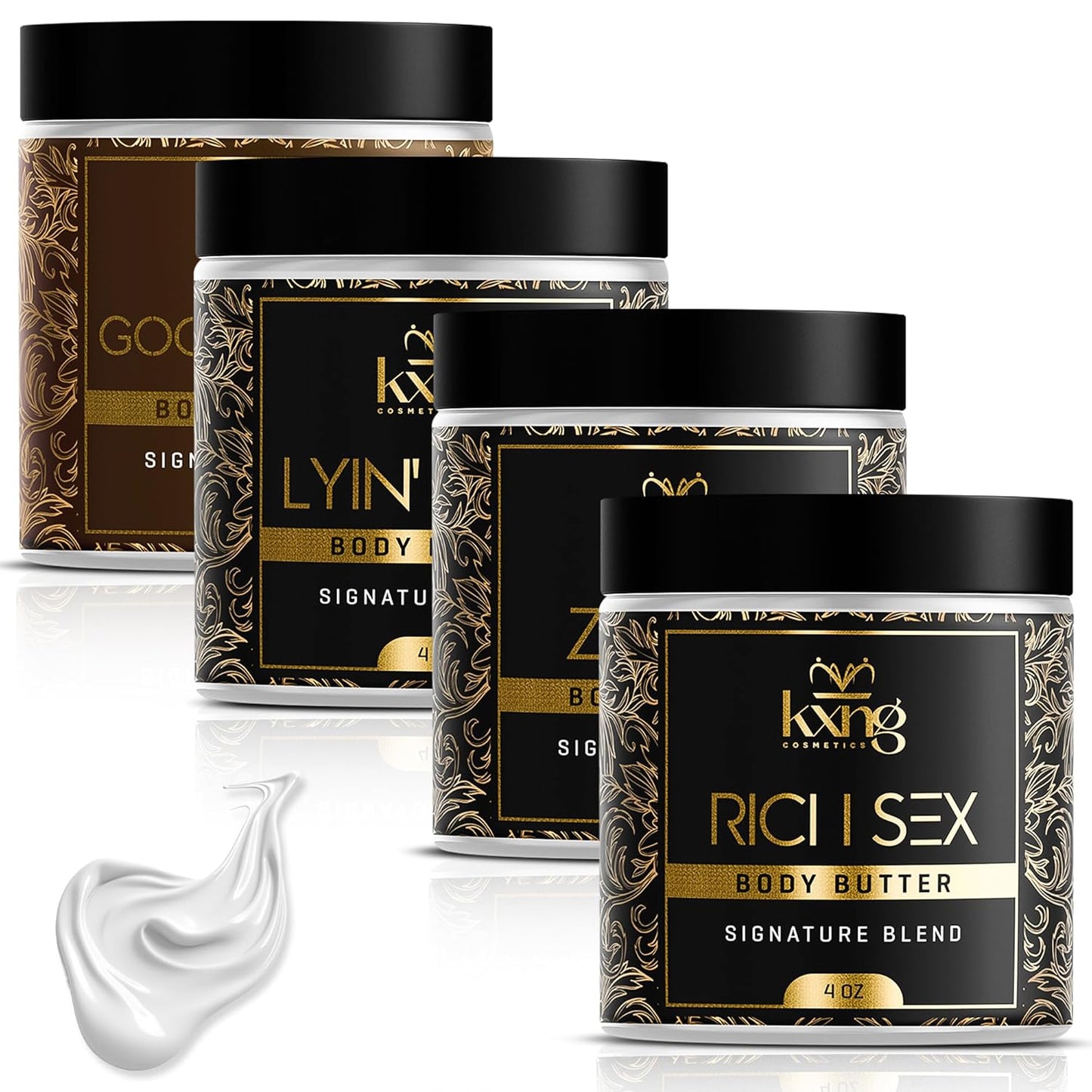 KXNG Cosmetics, Body Butter, Organic Skin Care for Men and Women, Body Moisturizer Lotions and Creams, Raw Shea Butter, Cocoa Butter, Mango, Coconut Oil, Hand, Foot, All Skin Types (4oz 4-pack)