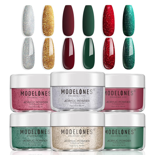 Modelones Christmas Colors Acrylic Powder Kit - 6 Colors Golden Glitter Yellow Green Dark Red Sliver Christmas Eve Cover Powder for Nail Art Extension - No Lamp Needed (C7-Lucky Clover)