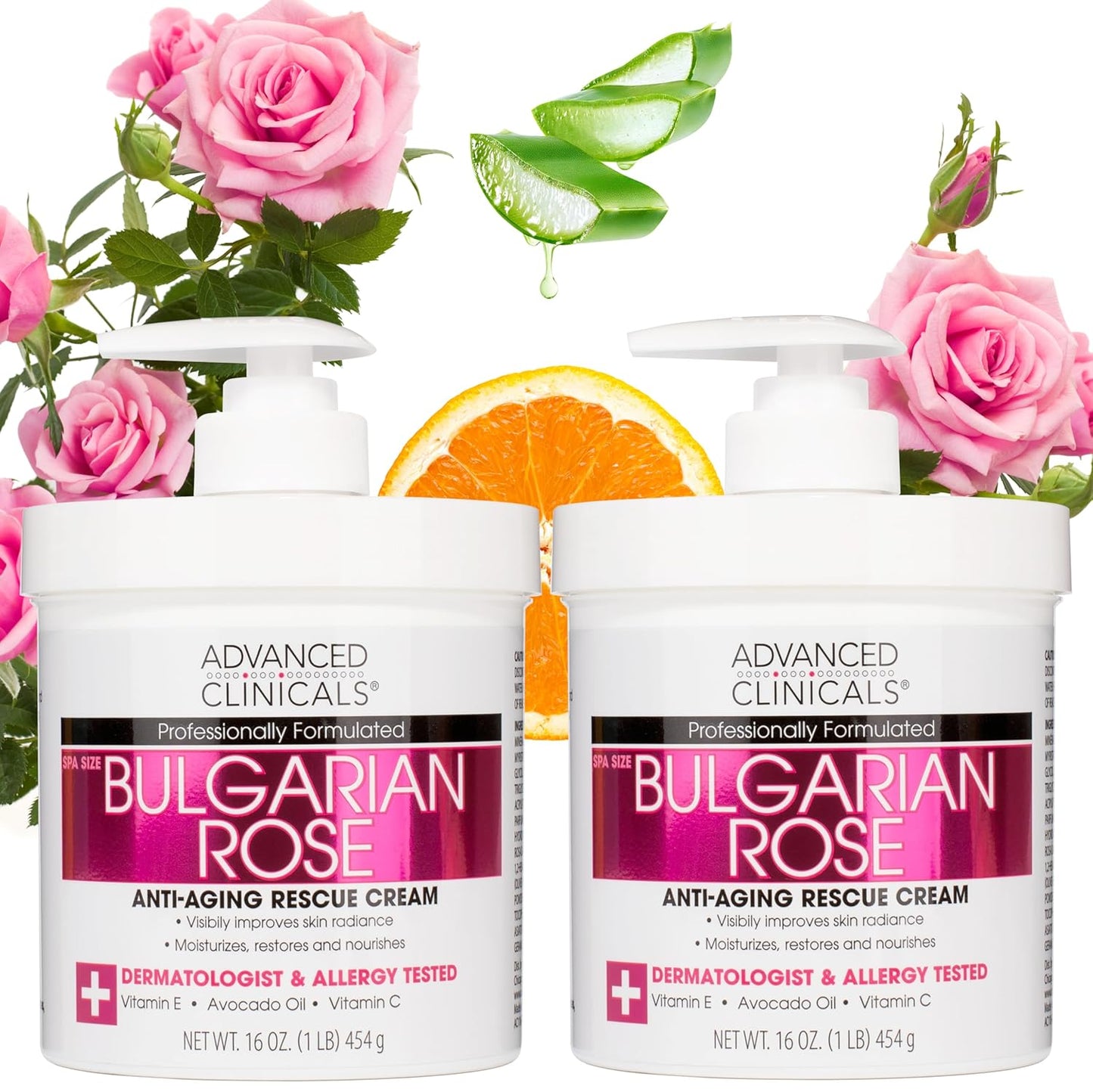 Advanced Clinicals Bulgarian Rose Lotion For Women | Rose Scented Vitamin C Body Lotion Cream | Anti Aging Vitamin E Moisturizer Body Butter Improves Look Of Sagging Dry Skin & Texture, 16 Oz, 2-Pack