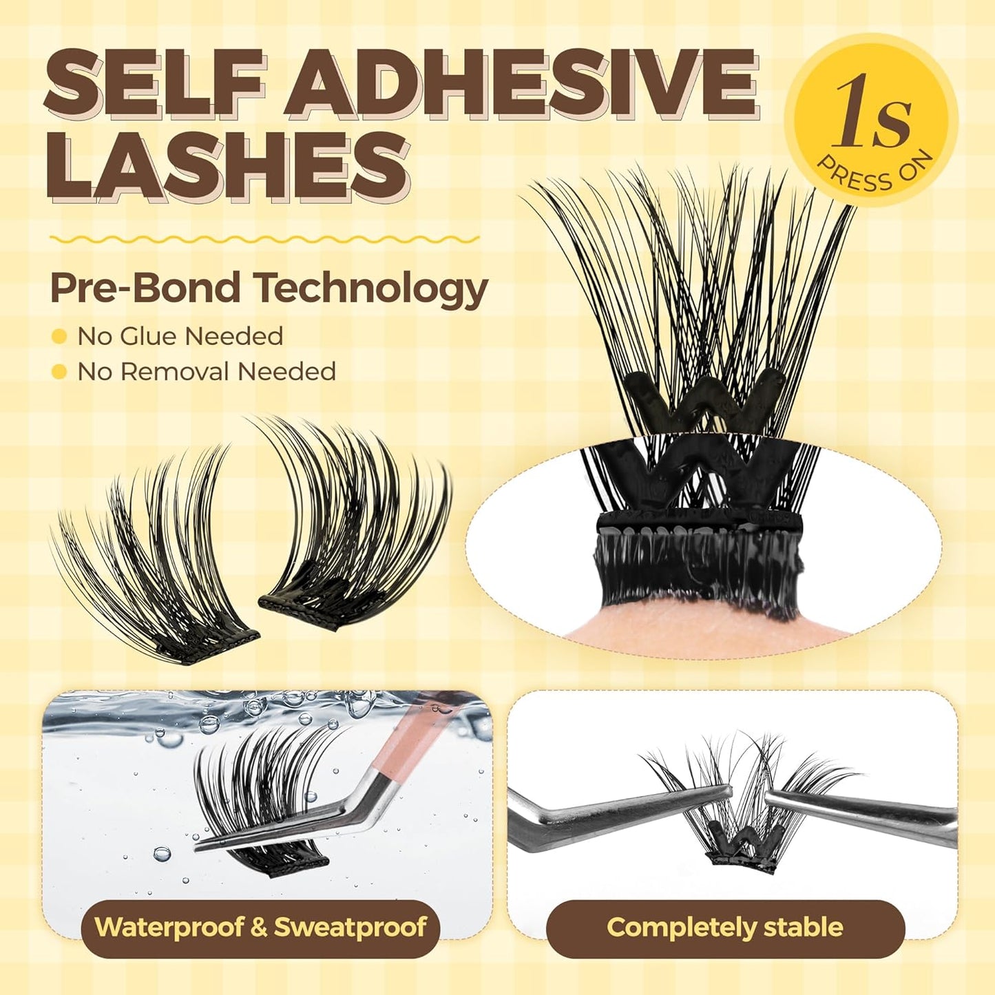 PopUp Self Adhesive Eyelashes Clusters, Press On Lashes Pre Glued Eyelash Extension Kit with Lash Tweezer,10-16mm No Glue No Remover Needed Self Adhesive Lashes Clusters ZNF23