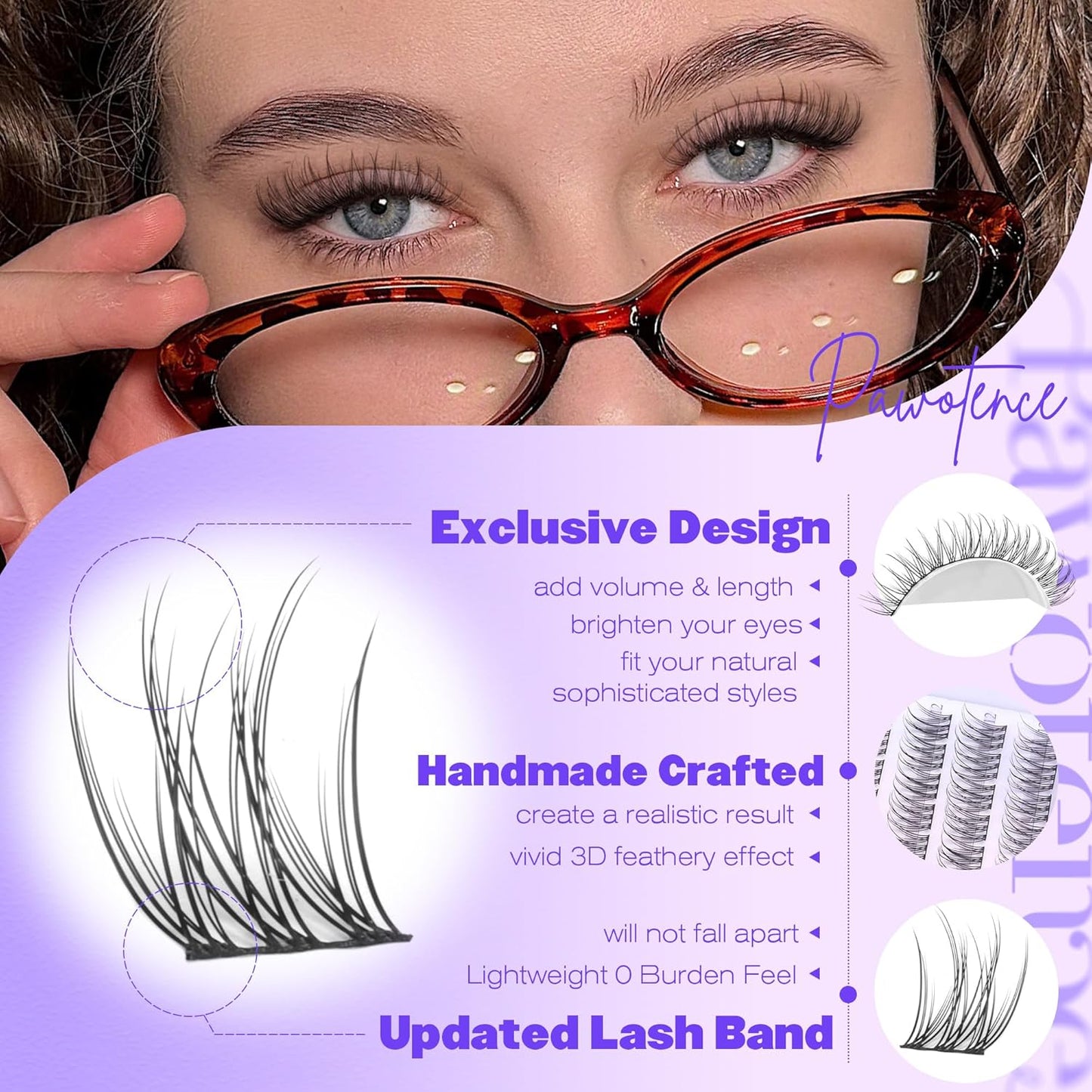 Pawotence Natural Lash Clusters Wispy Cluster Eyelash Extensions 144pcs Eyelash Clusters 9-12mm Individual Lashes Extension DIY Soft C Curved Lashes Clusters