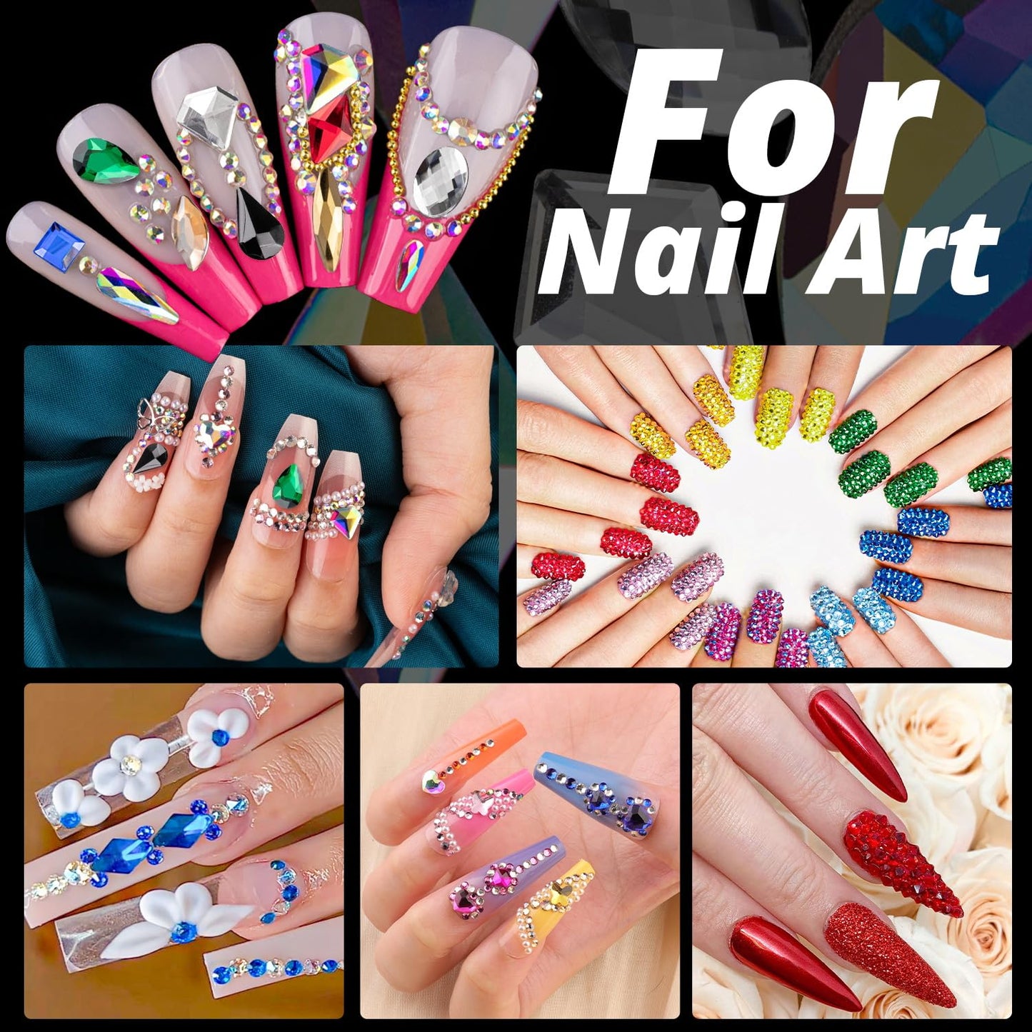 Rhinestones for Nails, Manicure Kit with Rhinestone Glue Gel, Multi Shapes Champagne Glass 3D Nail Charms + Flatback 2-5mm Round Beads & Gem Glue (UV/LED Needed) with Dotting Tools