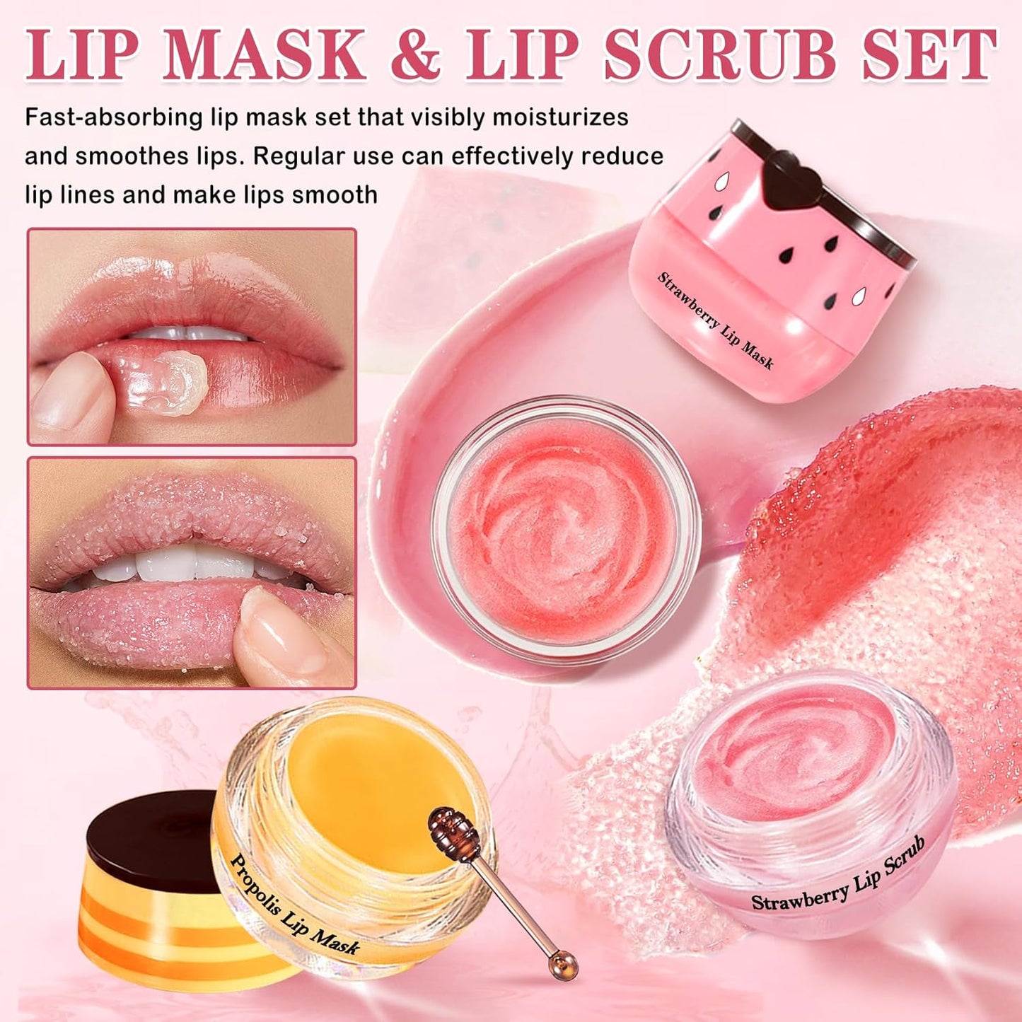 4PCS Lip Scrub and Mask Set,Strawberry and Honey Pot Lip Balm,Reduces Lip Lines Lip Exfoliator Scrub and Moisturizer,Repair Beebalm Lip Balm and Lip Scrub Set,Lip Mask Overnight