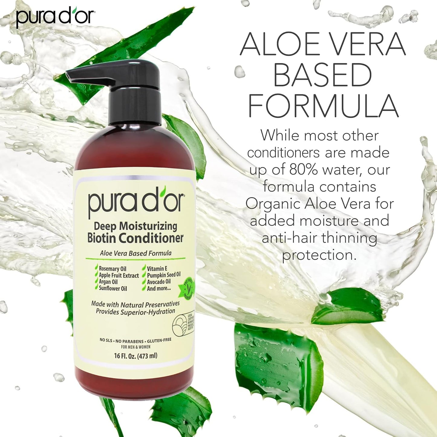 PURA D'OR Deep Moisturizing Biotin Conditioner Thickens, Softens, & Moisturizes Dry, Frizzy, Damaged Hair w/Argan Oil, Pumpkin, Rosemary, Honeysuckle, Vitamin E, Men & Women, 16oz