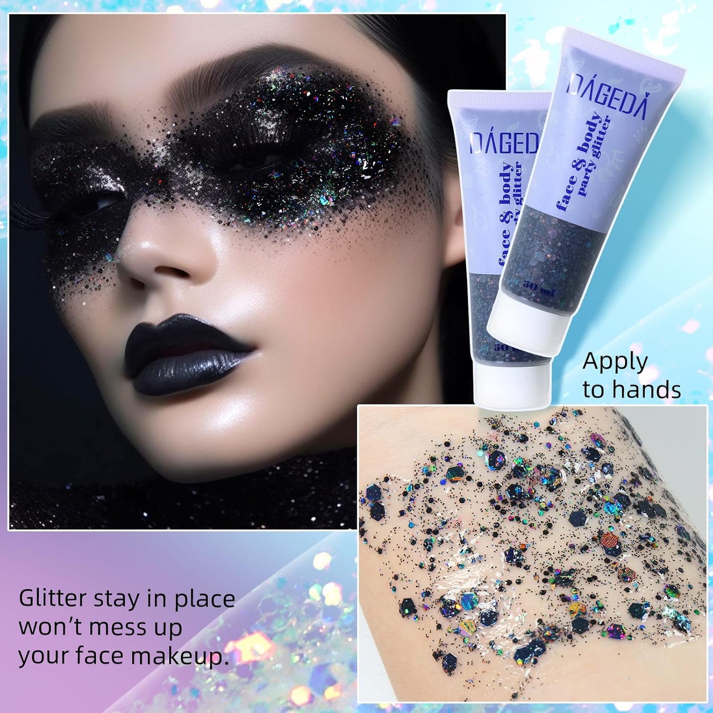 DAGEDA Body Glitter Gel, Face Glitters Body Gel Sequins Shimmer Liquid Eyeshadow, Chunky Glitter for Face Hair Nails, Holographic Cosmetic Laser Powder Festival Glitter Makeup 1.7oz (Black)