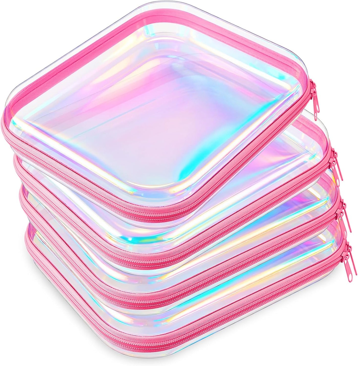 Hoolerry 4 Pcs Hard Clear Zipper Case Makeup Bags Plastic Pencil Pouch Transparent Storage Box Containers for Cosmetics, Snacks, Building Blocks, Puzzles(Pink Laser,9.8 x 7.9 x 2 in)