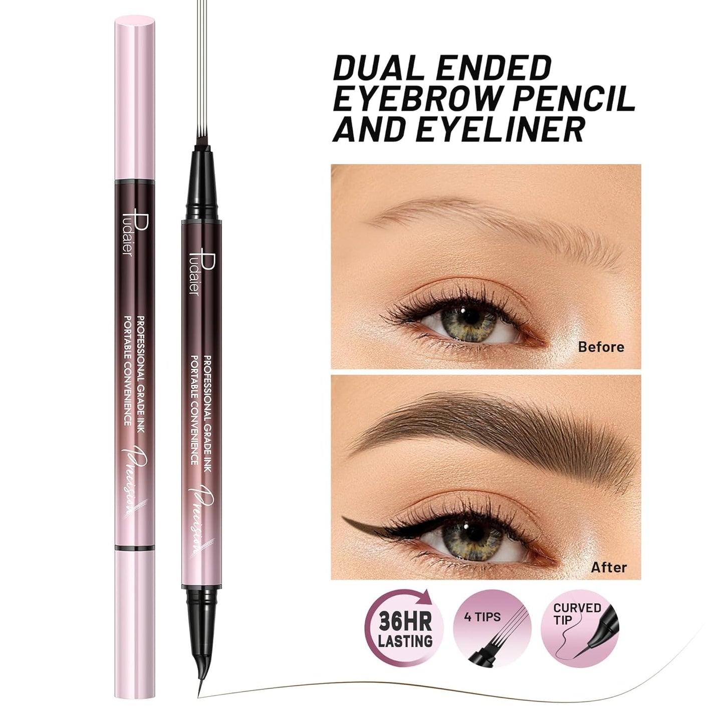 Eyebrow Pen, Waterproof Microblading Eyebrow Pencil, 2-in-1 Dual-Ended 4 Tip Eye Brow Makeup Pen for Women with Precise Curved Brush-Tip Create Natural Hair-Like Brows, Last All-Day (Dark Brown)