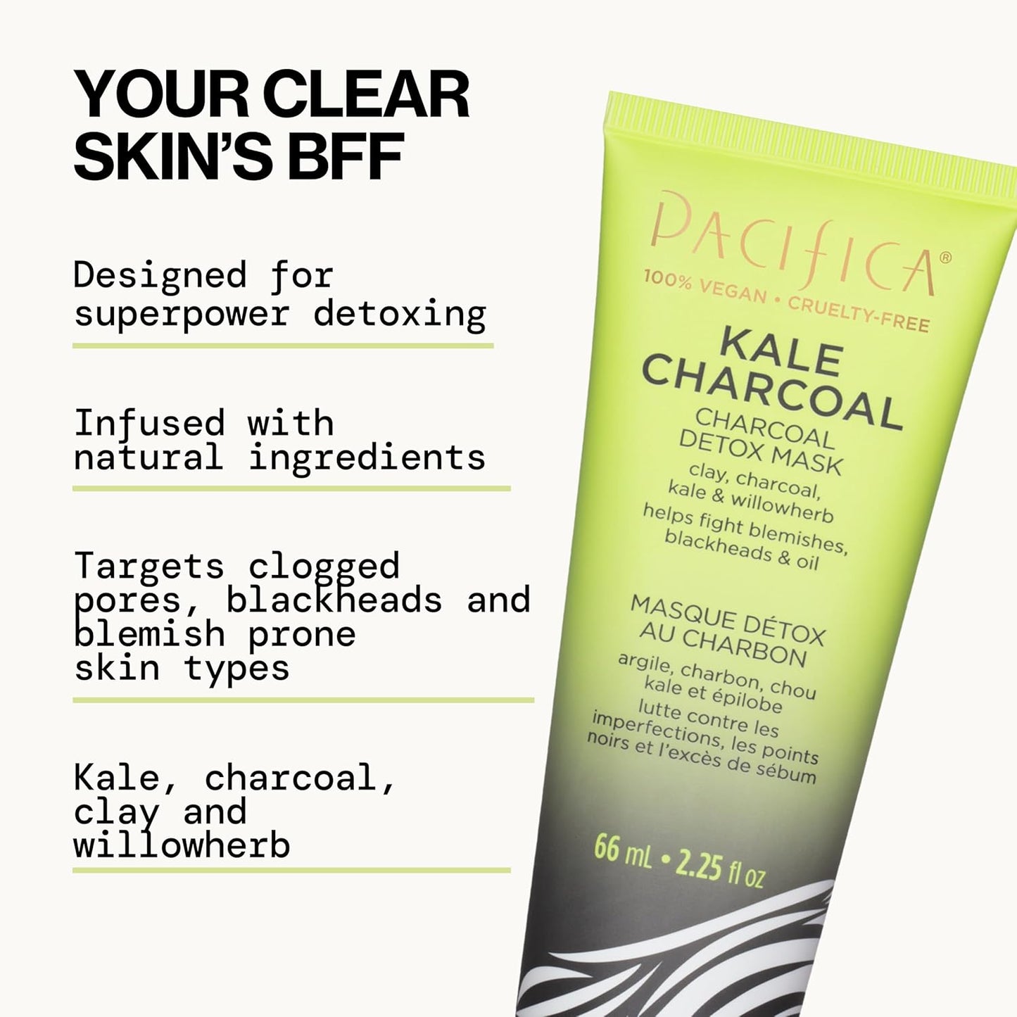 Pacifica Kale Charcoal Ultimate Detox Face Mask, Deep Pore Cleansing Clay Mask for Acne, Blackhead Removal, Blemish Control, Vegan, Purifying & Oil Control Vegan Facial Mask, 2.25 Fl Oz