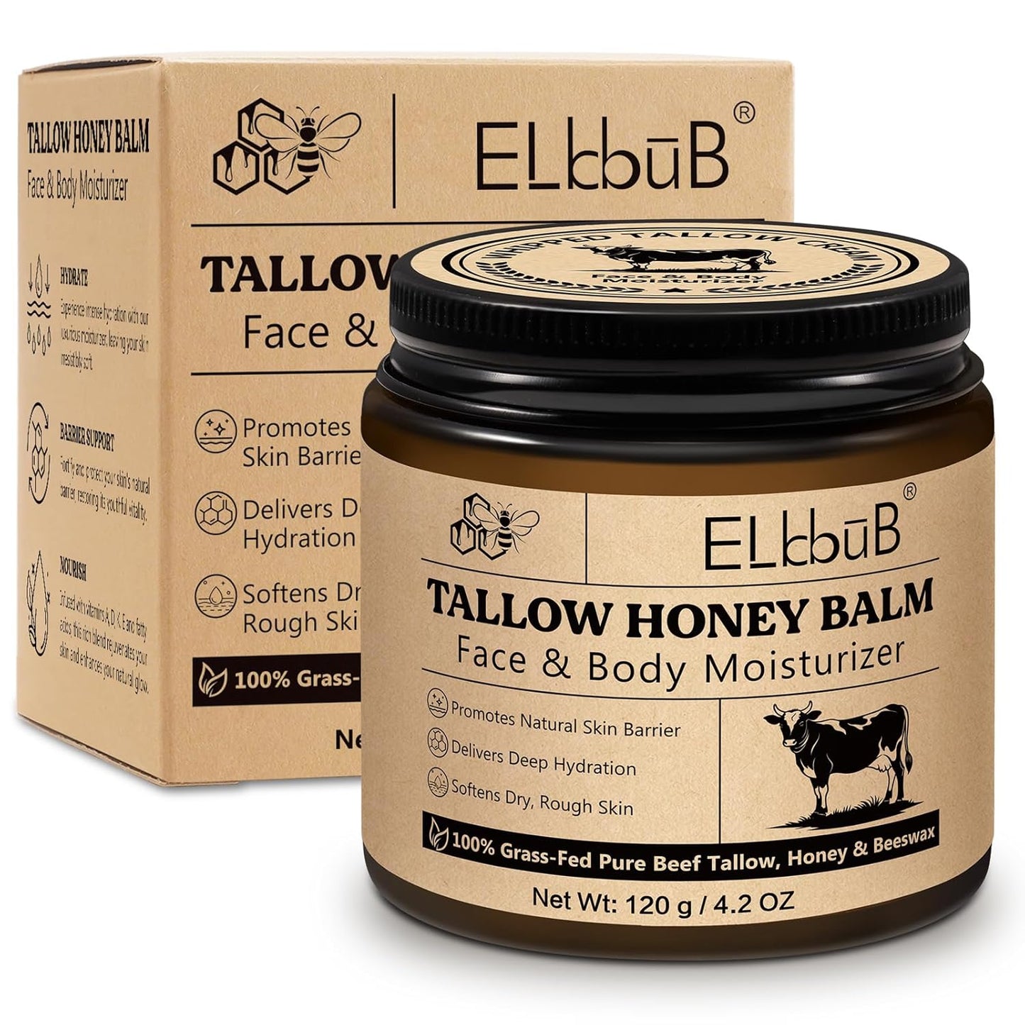 Whipped Tallow Cream for Face & Body - 100% Grass-Fed Beef Tallow, Natural Honey & Beeswax Moisturizer, Deep Hydration & Nourishment, Oil-Free & Unscented, Fast Absorbing