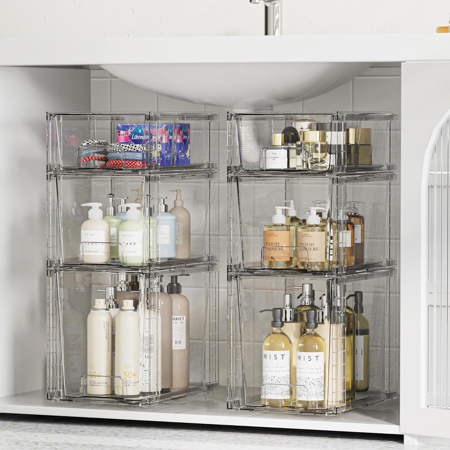 Vtopmart 6 Pack Clear Stackable Storage Drawers,Easy to Assemble Bathroom Organizers and Storage with handles,Plastic Drawers for Kitchen Pantry,Cabinet,Under Sink Organization