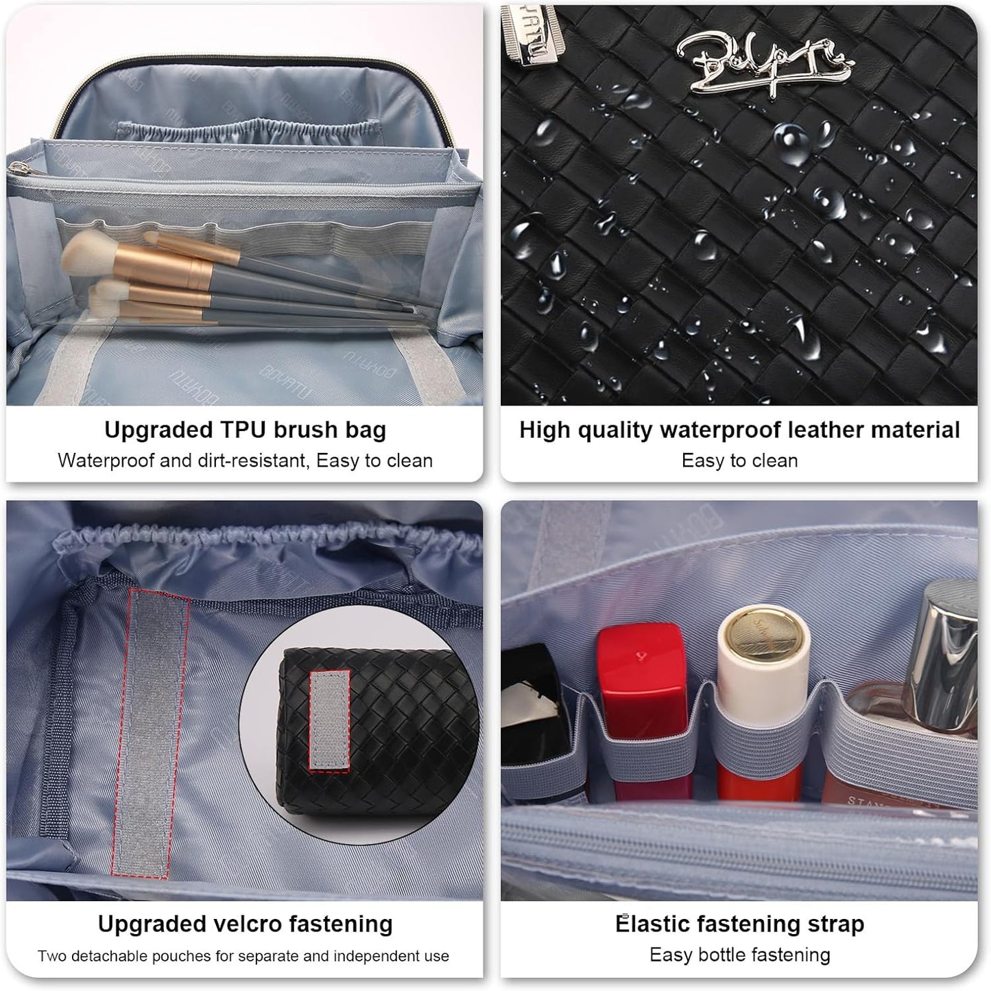 BOYATU Travel Makeup Bags for Women: Large Cosmetic Bag - PU Leather Make up Bag Set of 3 - Compact Toiletry Organizer with Compartments (L03 Black)