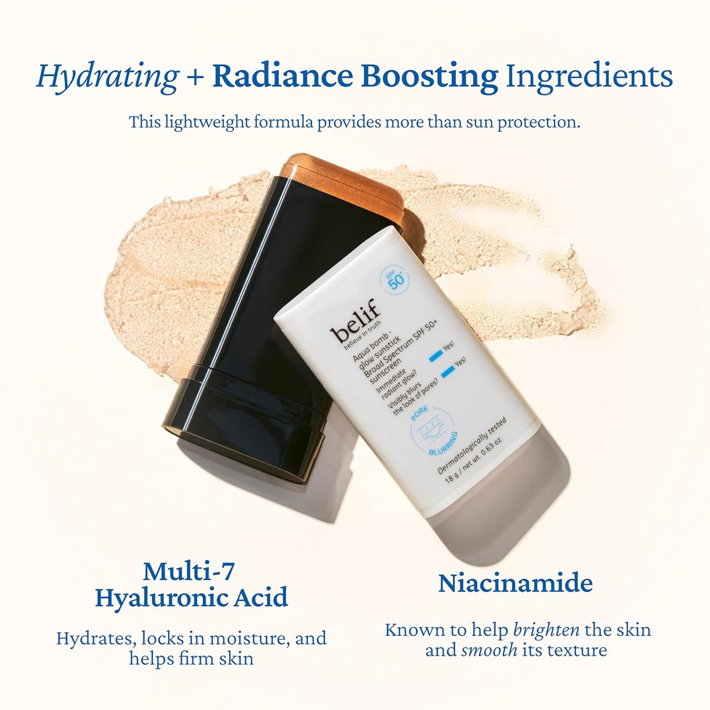 belif Aqua Bomb Niacinamide Sunscreen Stick SPF 50+ PA++++ – Korean Sunstick for Face with Hyaluronic Acid, No White Cast, Lightweight Velvet Finish, Daily UV Protection, Semi-Matte Glow, 0.63 oz