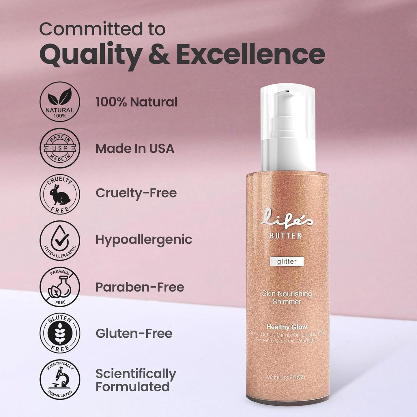 Life's Butter Face & Body Shimmer Healthy Waterproof Moisturizing Glow | Shea Butter, Marula Oil, Jojoba Oil and Vitamin C | Glistening Bronze | 3 Fl Oz (Pack of 1)