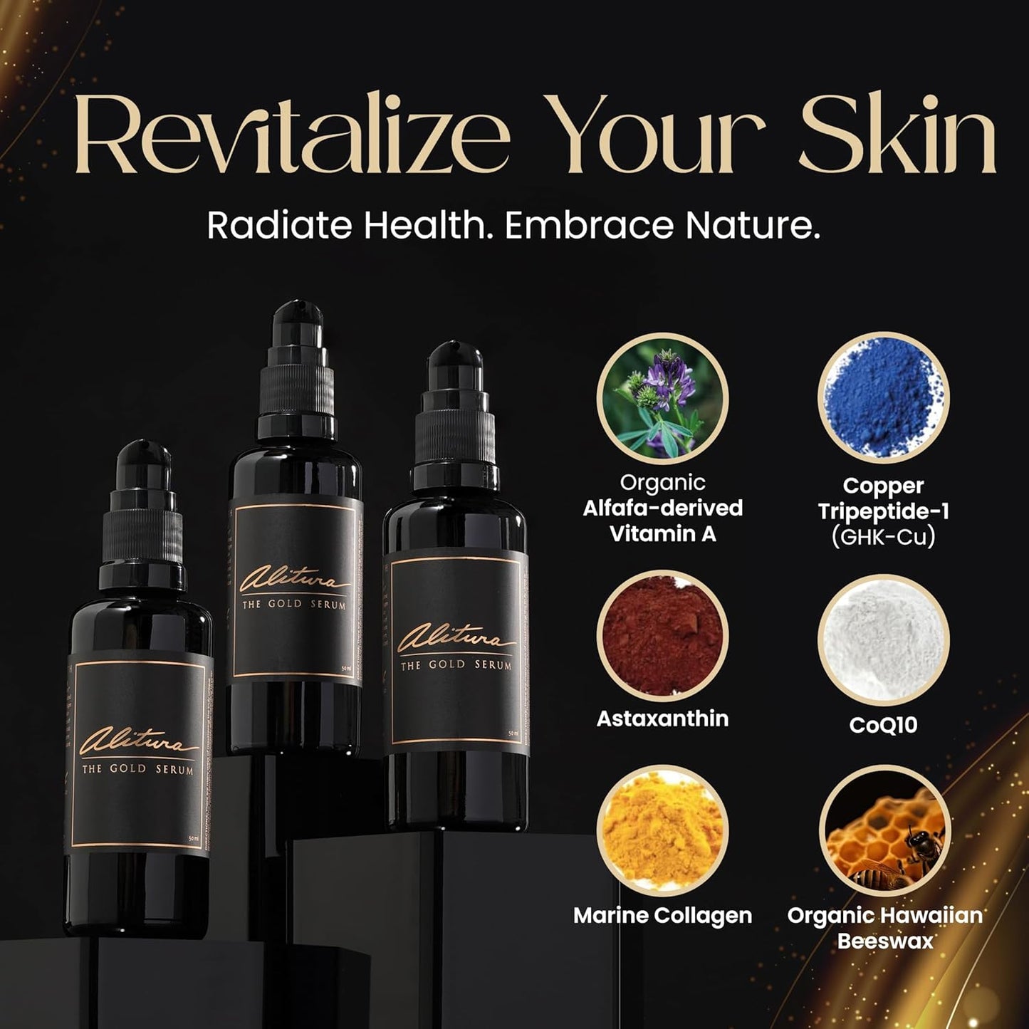 Alitura Anti-Aging Peptide & Collagen Gold Serum for Face – with Vitamin A, CoQ10 & Astaxanthin – Korean-Inspired Hydrating Serum for Wrinkles, Radiance & Firmness – 100ml