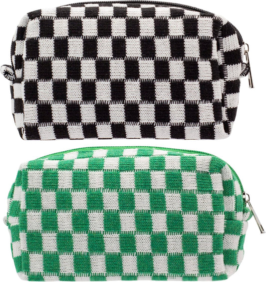 PAZIMIIK Checkered Makeup Bag for Purse Portable Zipper Make Up Pouch Small Cosmetic Case for Travel Accessories (2PCS Black Green)