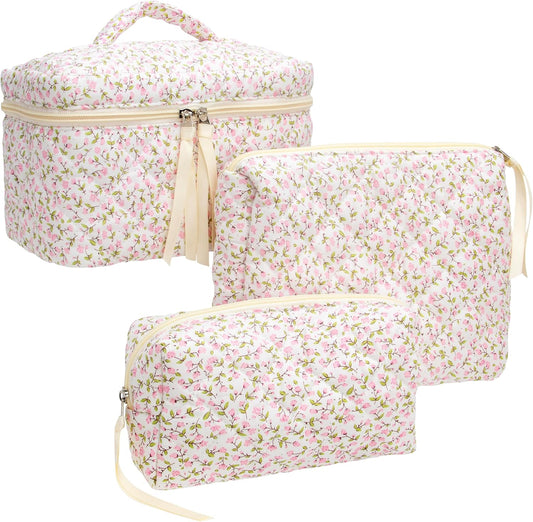 3PCS Makeup Bag SET Large Travel Quilted Zipper Soft Cosmetic Case Pouch for Women Girls Make Up,Floral Pink