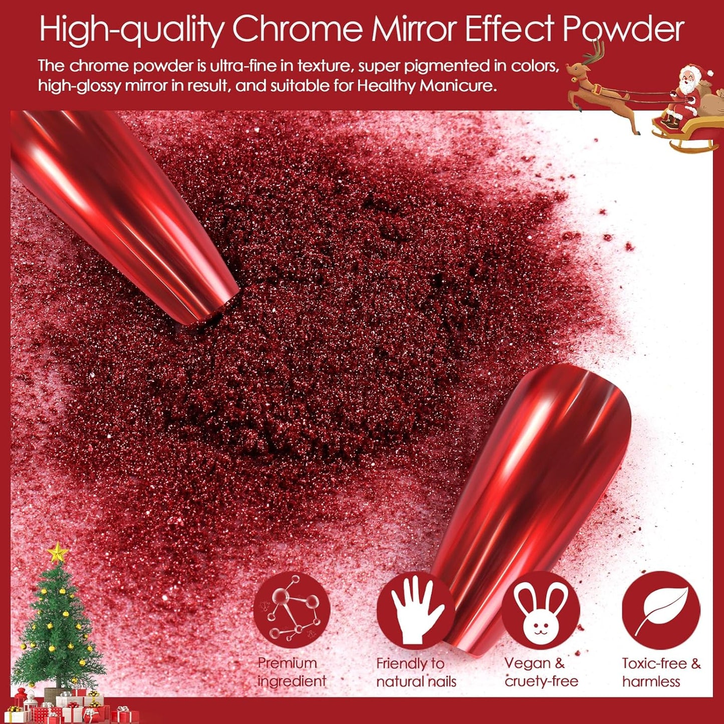 Allstarry Red Chrome Nail Powder, 2pcs Metallic Mirror Effect Dust Glitter Glazed Manicure Decoration Reflective Pigment for Gel Polish Valentines Nails Christmas Decoration- Red
